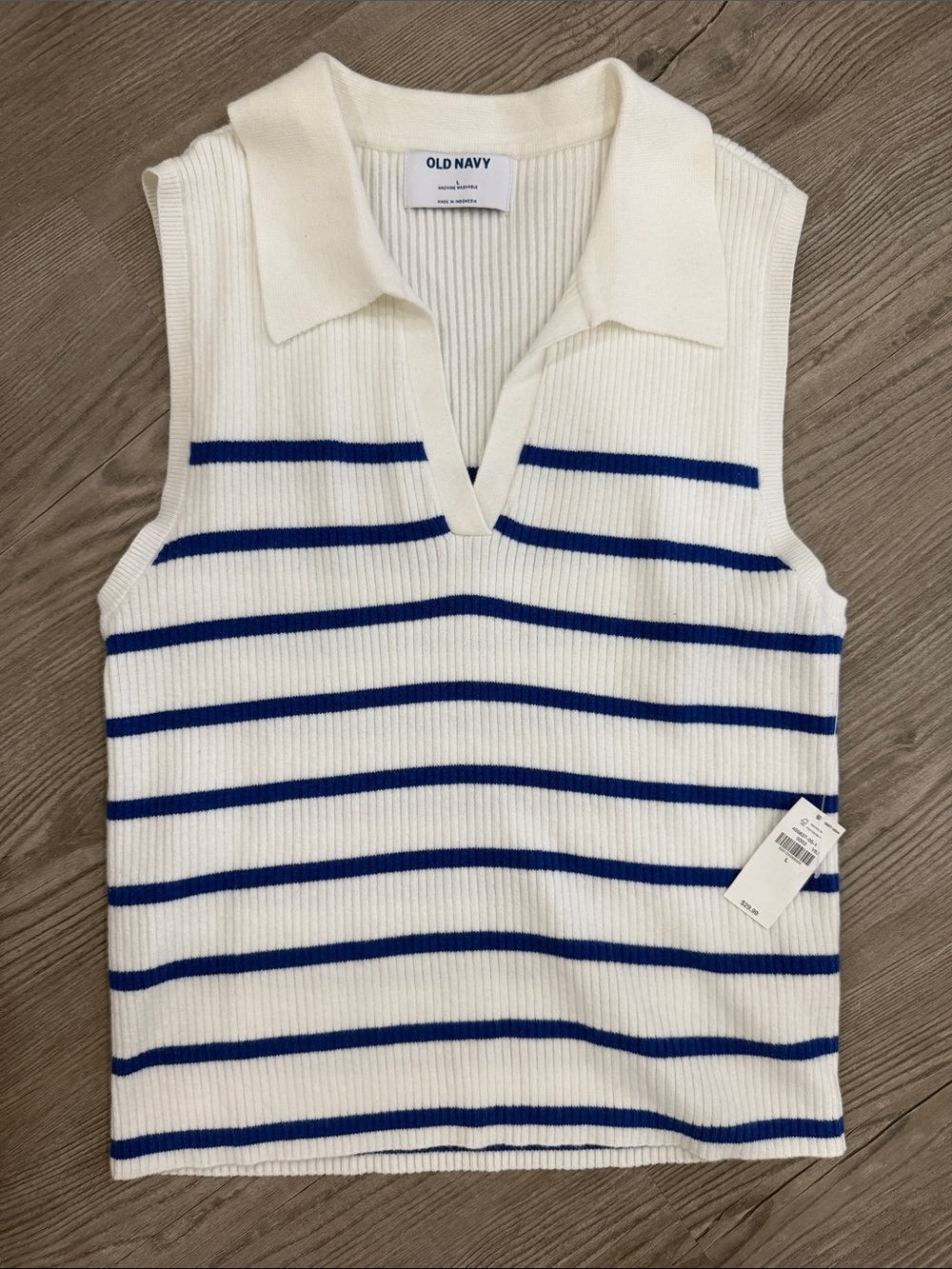 Old Navy White & Blue Striped Sleeveless Polo Tank